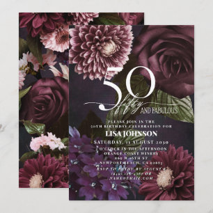 50 & Fabulous Modern Mörk Moody Burgundy-Blommigt Inbjudningar