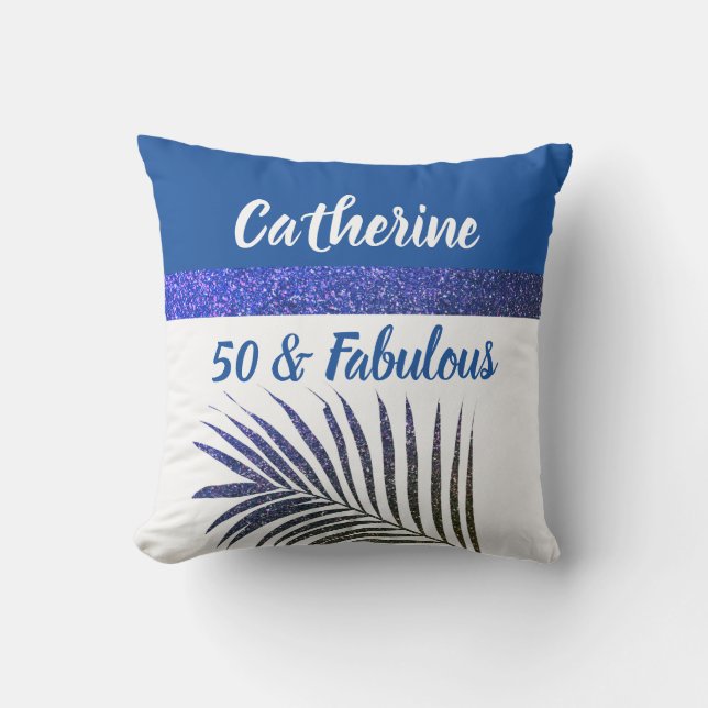 50 & Fabulous Monogrammed Namn Blue Glitter Chic Kudde (Framsida)