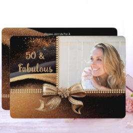 50 & Fabulous Photo Guld Black Bow 50:e födelsedag Inbjudningar