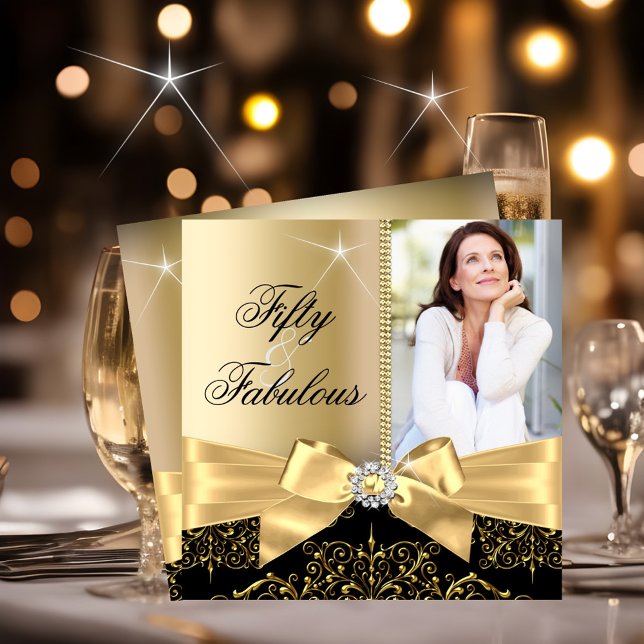 50 & Fabulous Photo Guld Black Bow 50:e födelsedag Inbjudningar (Skapare uppladdad)