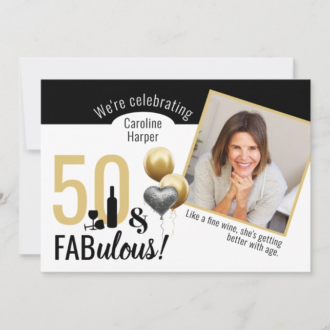 50 & Fabulous Photo Guld & Black Modern Birthday Inbjudningar (Framsida)