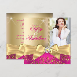 50 & Fabulous Photo Guld Rosa Bow 50:e födelsedage Inbjudningar