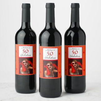 50 & Fabulous Photo Namn Red 50:e födelsedagsdagen Vinflaska Etikett