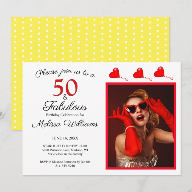 50 & Fabulous Photo Red, 50:e födelsedagsvit Gult Inbjudningar (Fram/baksida)