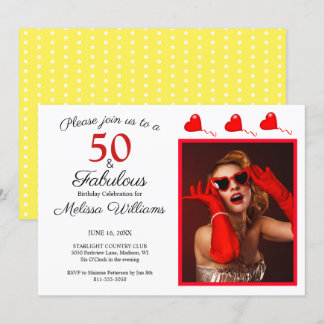 50 & Fabulous Photo Red, 50:e födelsedagsvit Gult Inbjudningar