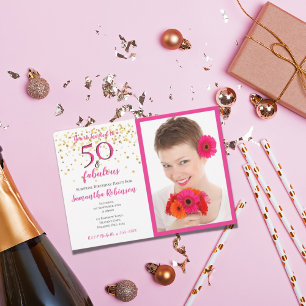50 & Fabulous Photo Rosa White Chevron Guld Dots Inbjudningar