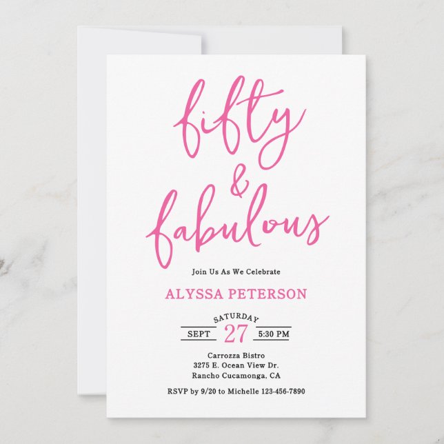 50 & Fabulous Pink Modern Script 50th Birthday  Inbjudningar (Framsida)