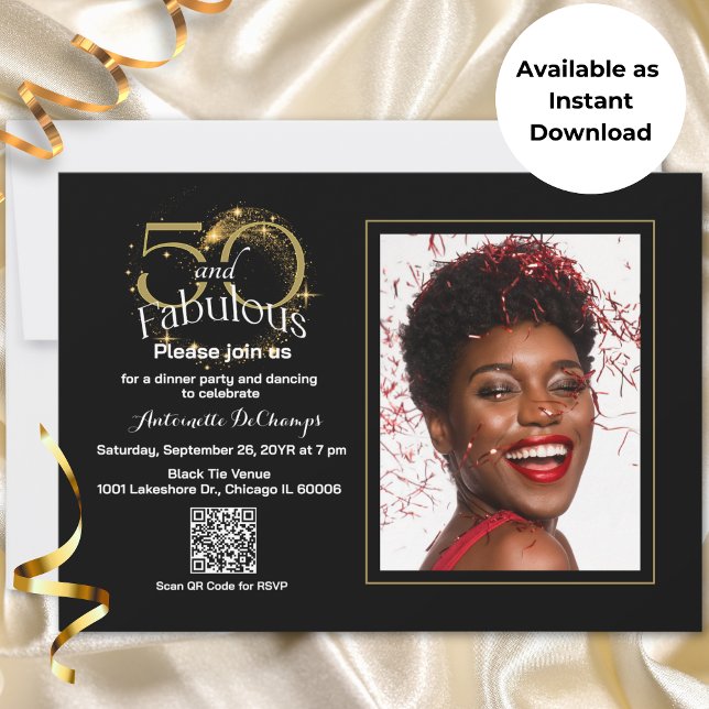 50 & Fabulous QR Code Black Guld snabbhämtning Inbjudningar (Two-sided 50 & Fabulous Elegant 1 Photo Personalizable Invitation for Mailing and Instant Download.)