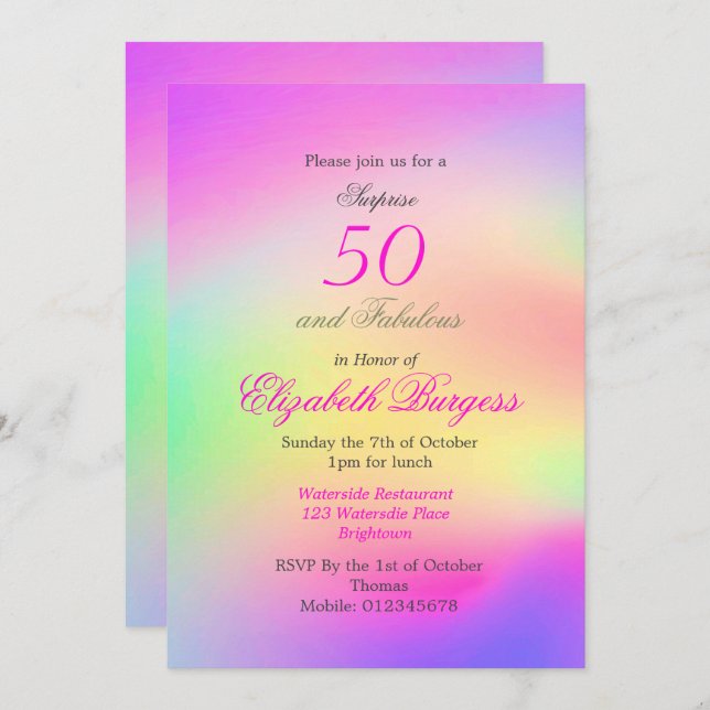 50 Fabulous Rainbow Tie Dye Rosa Chic Birthday Inbjudningar (Fram/baksida)