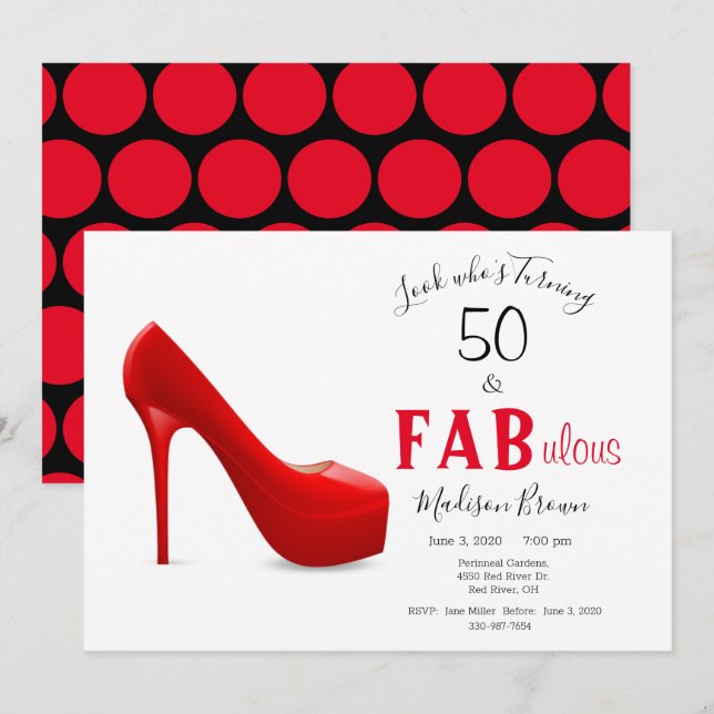 50 & Fabulous Red Black Girly Stilleto Birthday Inbjudningar (Fram/baksida)