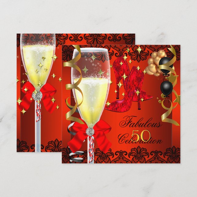 50 Fabulous Red Black Guld 50:e Champagne Party Inbjudningar (Fram/baksida)