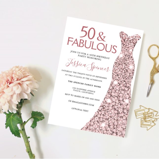 50 & Fabulous Ro Guld Dress 50:e Födelsedagsfesten Inbjudningar (Skapare uppladdad)