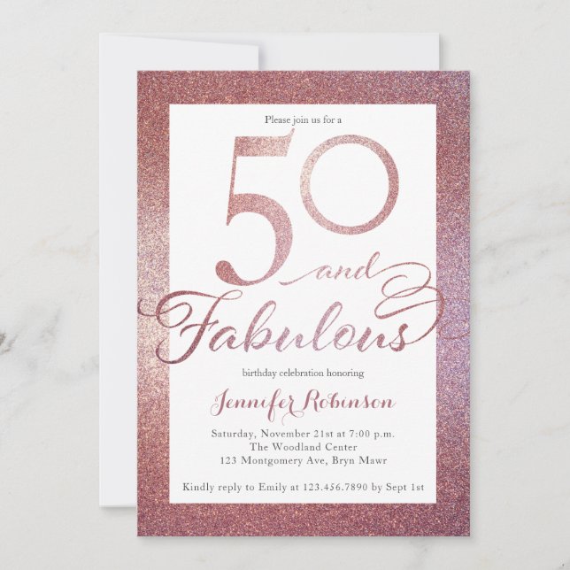 50 Fabulous Ro Guld Glitter Födelsedagsfest Inbjudningar (Framsida)
