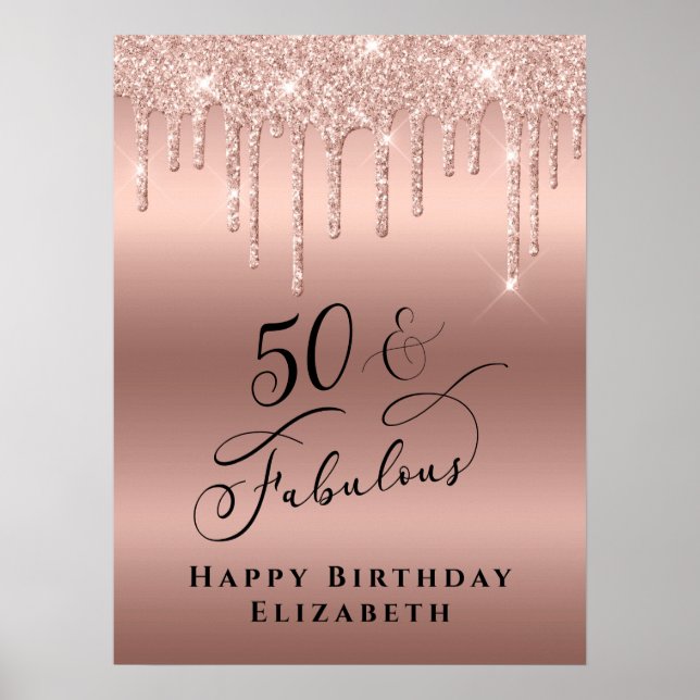 50 Fabulous Ro Guld Glitter Födelsedagsfest Poster (Framsidan)