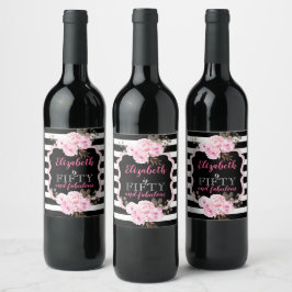 50 & Fabulous Rosa Blommigt Black Rand Vinflaska Etikett