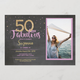 50 & Fabulous Rosa Födelsedagsfest 50th Guld Photo Inbjudningar