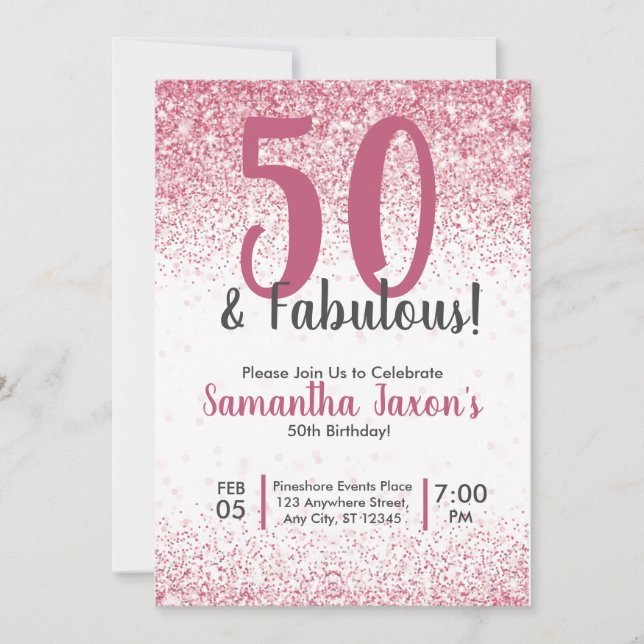 50 & Fabulous Rosa Glitter Confetti Birthday Invit Inbjudningar (Framsida)