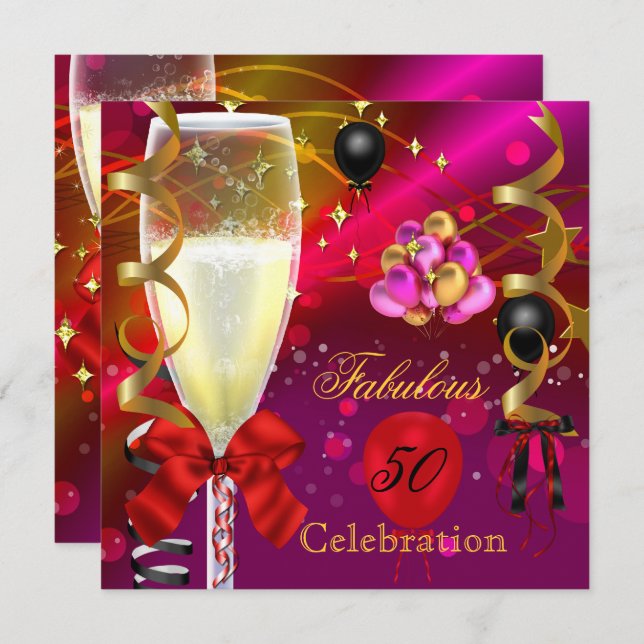 50 & Fabulous Rosa Red Guld Black Födelsedagsfest Inbjudningar (Fram/baksida)