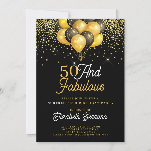 50 Fabulous Surprise Birthday Guld Black Glitter Inbjudningar (Framsida)