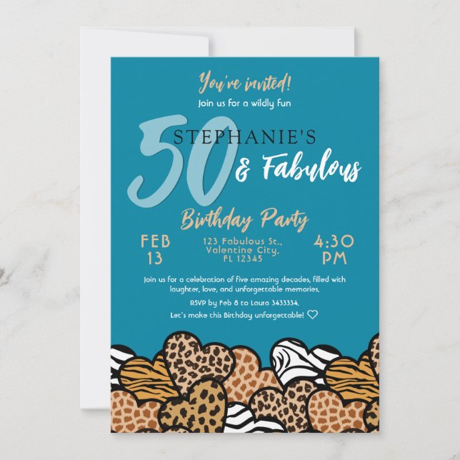 50 & Fabulous Teal Vild Hearts 50 Birthday Inbjudningar (Framsida)