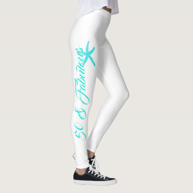 50 & Fabulous White Teal Blue Aqua Starfish Coola Leggings (Höger)