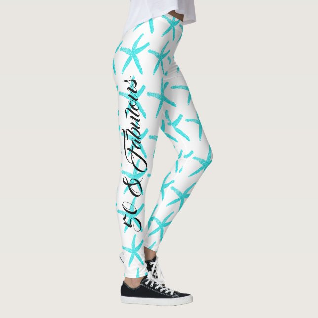 50 & Fabulous White Teal Blue Starfish Mönster Leggings (Höger)