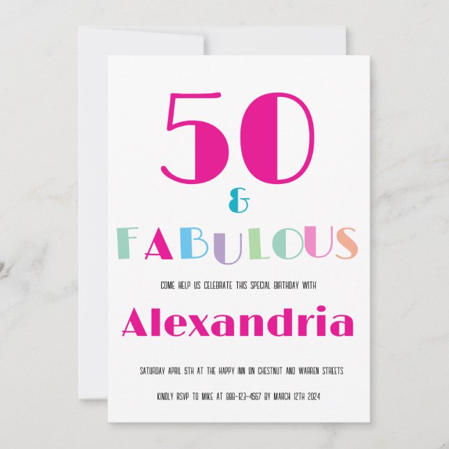 50 & Fantastisk Färgrik Modern Födelsedagsinbjudan Inbjudningar (Framsida)