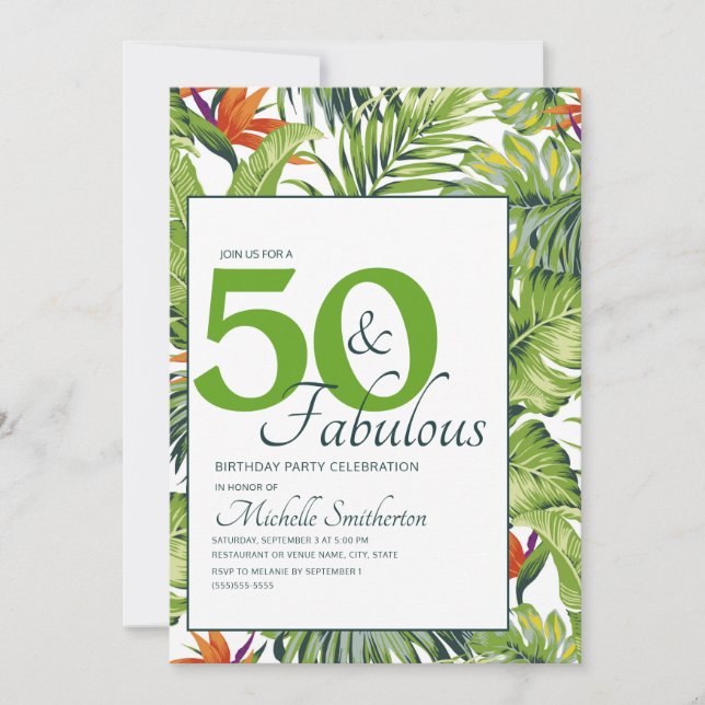 50 fantastisk födelsedag Tropiska blad Rosa Orange Inbjudningar (Framsida)