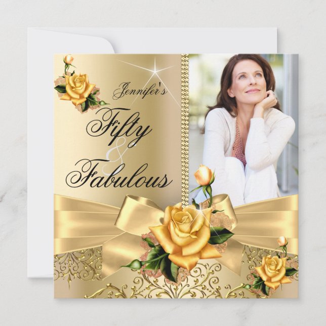 50 & Fantastisk Foto Guld Gul Ros Båge Födelsedag Inbjudningar (Framsida)