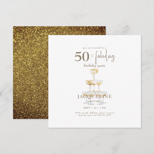 50 & Fantastisk Glamourös Guld Fyrkantig Födelseda (Fram/baksida)