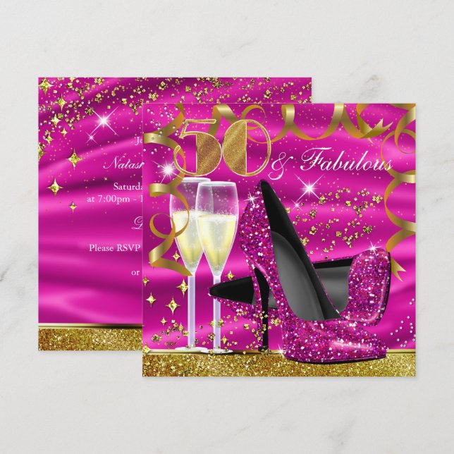 50 fantastisk glitter rosa guld födelsedagsinbjuda inbjudningar (Fram/baksida)