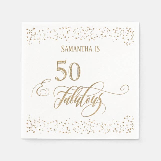 50 & Fantastisk Guld Glitter Konfetti Vit Pappersservett (Framsidan)