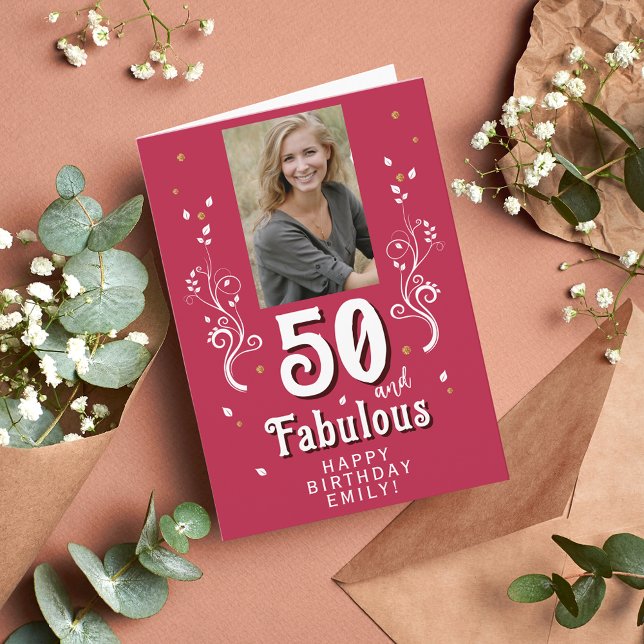 50 & fantastisk lövverk Magenta 50-års födelsedags Kort (Skapare uppladdad)