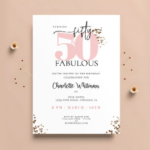 "50 & fantastisk" Minimal rosa och svart glitter Inbjudningar
