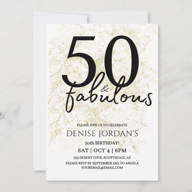 50 & Fantastisk Modern Guld och Svart Födelsedag Inbjudningar (Framsida)