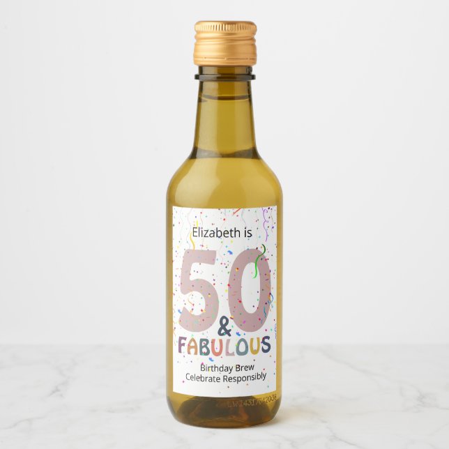 50 & Fantastisk Namn Söt Blå Konfetti Födelsedag Vinetikett (Framsida)