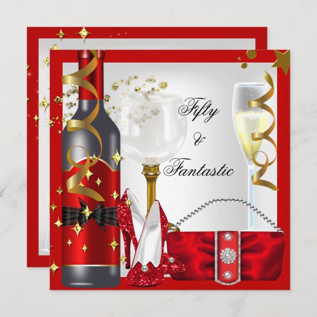 50 & Fantastisk Red White Guld Födelsedagsfest Inbjudningar (Fram/baksida)