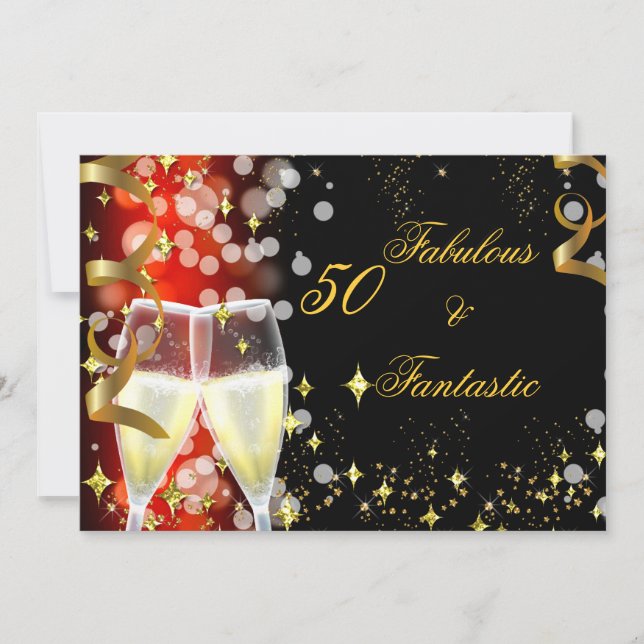 50 & Fantastisk Röd Guld Champagne Fest Inbjudningar (Framsida)