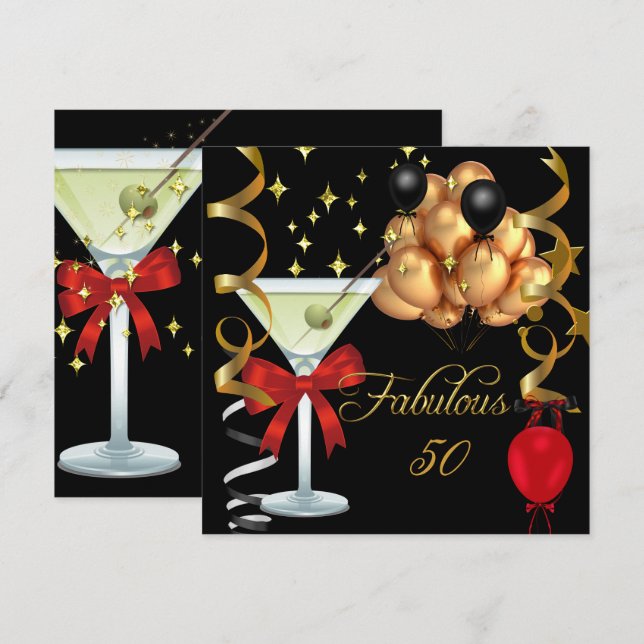 50 fantastisk röd guld svart Martini födelsedagsfe Inbjudningar (Fram/baksida)