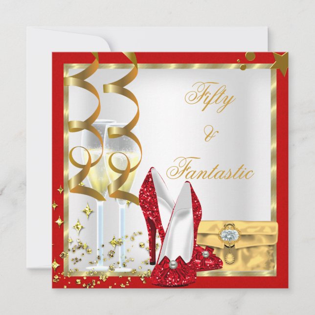 50 & Fantastisk röd vit guld födelsedagsfest Inbjudningar (Framsida)
