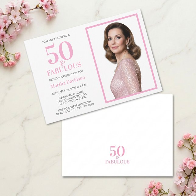 50 & Fantastisk Rosa Foto Födelsedagsdesign Inbjudningar (50 & Fabulous Pink Photo Birthday Design Invitation)