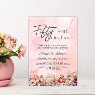 50 & Fantastisk Rosa Guld Blommig 50-årsfirande Inbjudningar