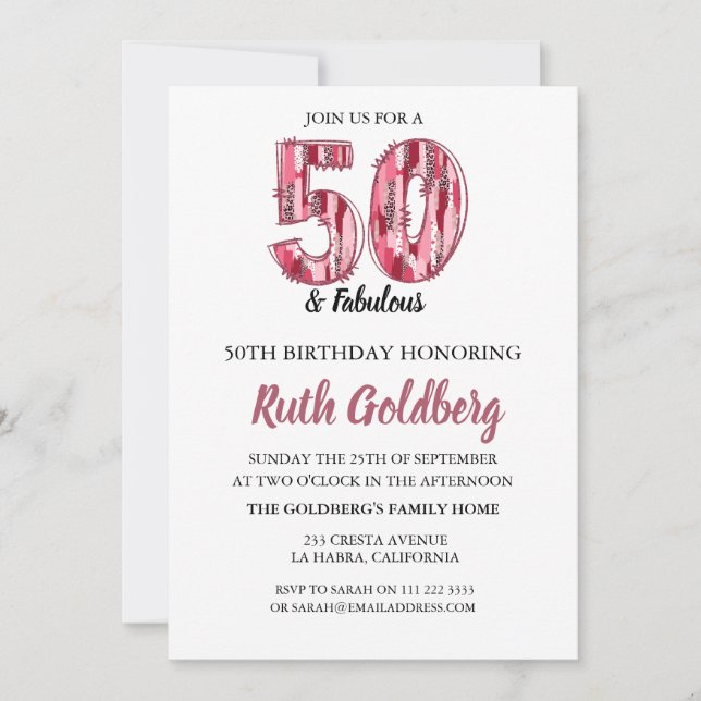 50 & Fantastisk Rosa Leopardtryck Brusho-inbjudan Inbjudningar (Framsida)