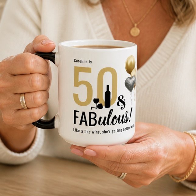 50 & fantastisk svart & guld modern födelsedag magisk mugg (Skapare uppladdad)