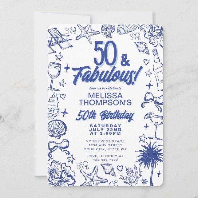  50 & Fantastisk Whimsical Handritad Födelsedag Inbjudningar (Framsida)