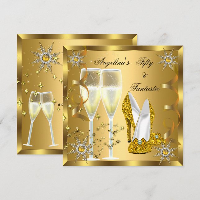 50 & Fantastiska Champagne Klackar Guld Snöflingor Inbjudningar (Fram/baksida)