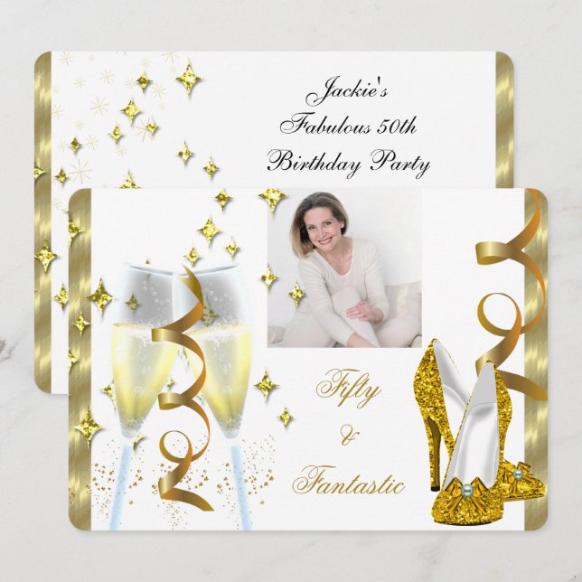 50 & Fantastiska Eleganta Champagne Klackar Guld F Inbjudningar (Fram/baksida)