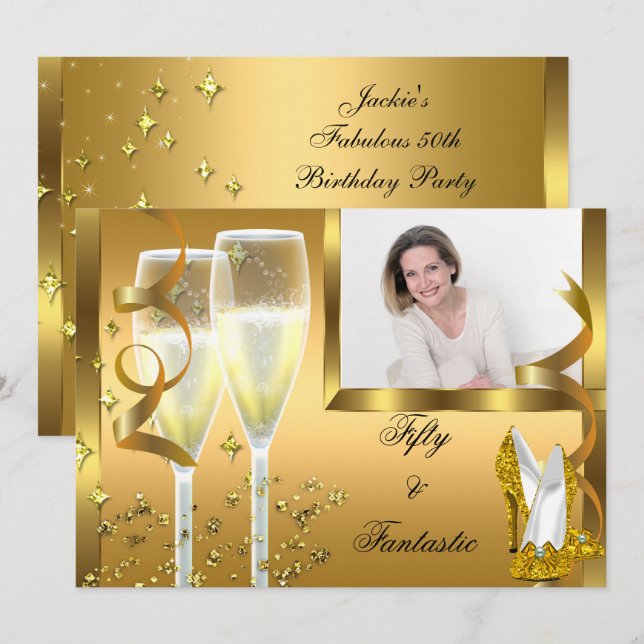 50 & Fantastiska Eleganta Champagne Klackar Guld F Inbjudningar (Fram/baksida)