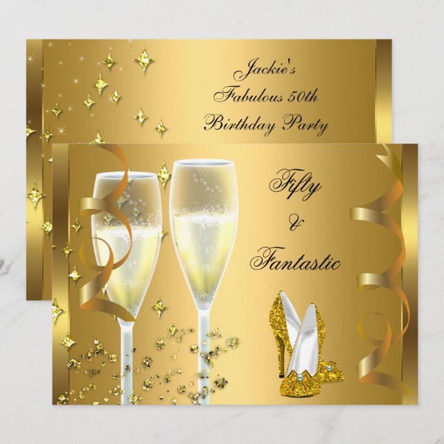 50 & Fantastiska Eleganta Champagne Klackar Guld Inbjudningar (Fram/baksida)