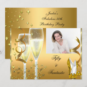 50 & Fantastiska Eleganta Champagne Skor Guld Foto Inbjudningar